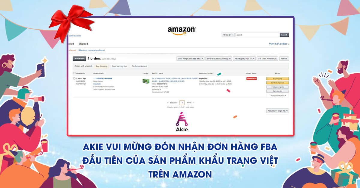 AKIE vui mừng đón nhận đơn hàng FBA đầu tiên của sản phẩm khẩu trang Việt trên Amazon